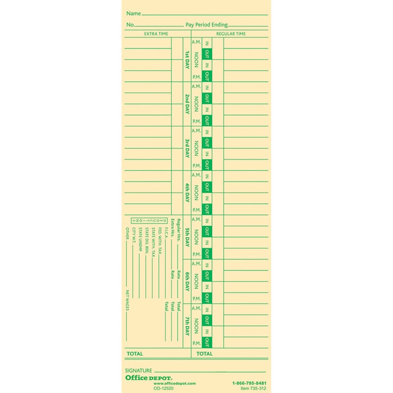 Office Depot Time Cards with Deductions, Weekly, Days 1-7, 1-Sided, 3 3/8in. x 8 7/8in., Manila, Pack of 100, GB-735312 - Image 1